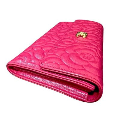 CHANEL CAMELLIA EMBOSSED CAVIAR SKIN LONG WALLET PINK GOLD HARDWARE