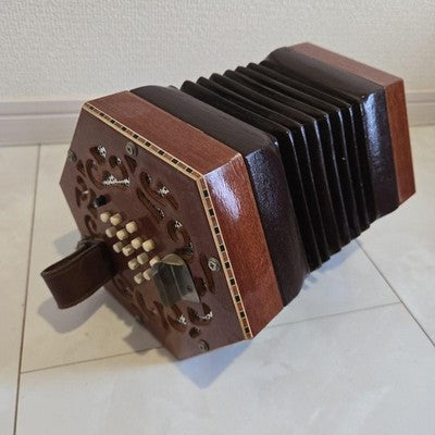 DECORATIVE CARVED WOOD ENGLISH CONCERTINA ACCORDION - HEXAGONAL SHAPE
