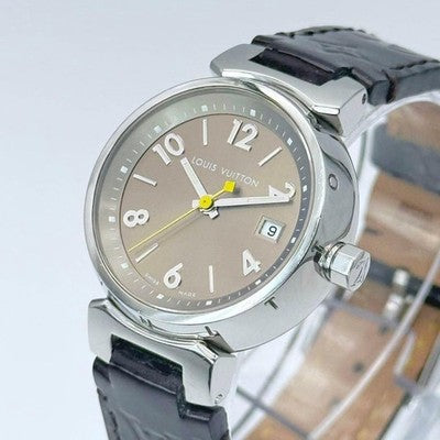 LOUIS VUITTON TAMBOUR Q1212 MONOGRAM WATCH BROWN DIAL STAINLESS STEEL QUARTZ