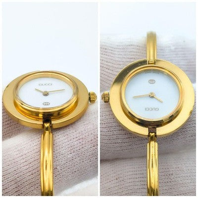 GUCCI 1100L BANGLE WATCH GOLD WHITE DIAL CHANGEABLE BEZEL QUARTZ LADIES RARE