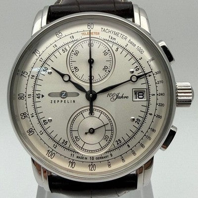 ZEPPELIN 100 JAHRE 8670-1 QUARTZ CHRONOGRAPH MEN'S WATCH SILVER DIAL BROWN BAND