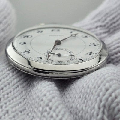 MOVADO VINTAGE POCKET WATCH 15 JEWELS ENAMEL DIAL MANUAL WIND W/ CHAIN WORKING