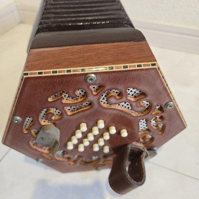DECORATIVE CARVED WOOD ENGLISH CONCERTINA ACCORDION - HEXAGONAL SHAPE