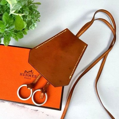 HERMES CLOCCHETTE KEY RING LEATHER NECKLACE BROWN C MARGIELA WITH BOX AUTHENTIC