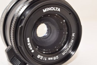 MINOLTA M-ROKKOR 28MM F2.8 WITH DEDICATED HOOD WIDE-ANGLE LENS AS IS