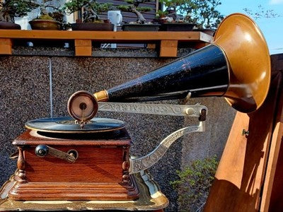 COLUMBIA DISC GRAPHOPHONE PHONOGRAPH 1907 ANTIQUE WOOD W RECORD JAPAN
