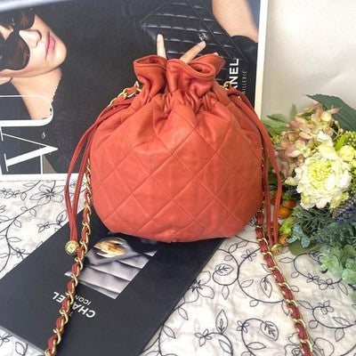 CHANEL MATELASSE LAMBSKIN DRAWSTRING CHAIN SHOULDER BAG RED QUILTED COCO MARK