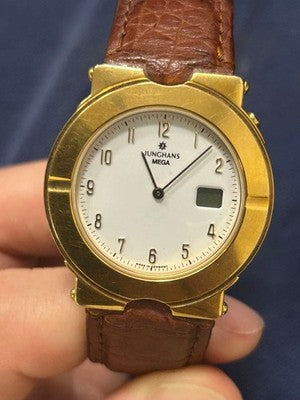 JUNGHANS MEGA ANALOG MEN'S WRISTWATCH ROUND FACE GERMAN MADE LEATHER COLOR: GOLD