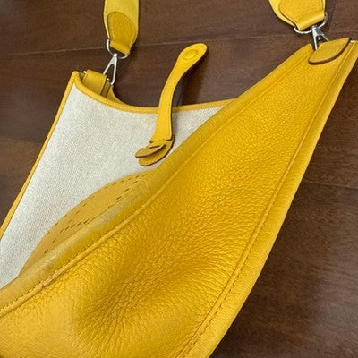 HERMES EVELYNE PM SHOULDER BAG YELLOW CANVAS & LEATHER COMBINATION, USED