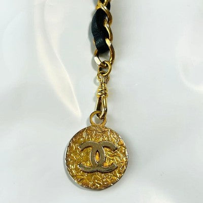 CHANEL BELT AUTH GOLD PLATE MEDAL BLACK LEATHER KENKENJP COIN 98CM CHAIN COCO CC