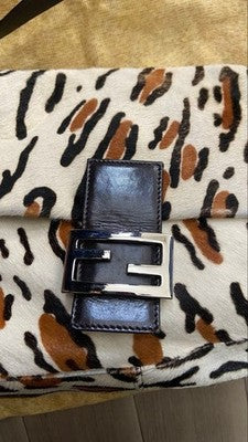 FENDI MAMMA BUCKET SHOULDER BAG, LEOPARD PRINT, CALF HAIR, WOMEN'S FASHION