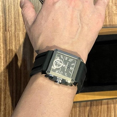 BAUME & MERCIER HAMPTON MAGNUM AUTOMATIC DUAL TIME BLACK MEN'S WATCH 38MM