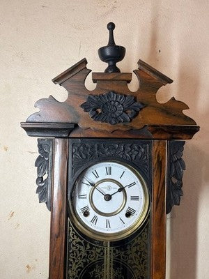 JUNGHANS ANTIQUE WALL CLOCK PENDULUM MECHANICAL CARVED WOOD BLACK PERSIMMON