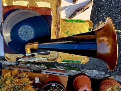 COLUMBIA DISC GRAPHOPHONE PHONOGRAPH 1907 ANTIQUE WOOD W RECORD JAPAN