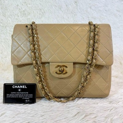 CHANEL MATELASSE LAMBSKIN BEIGE SHOULDER BAG TURN LOCK W FLAP AUTH CARD VTG