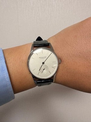 NOMOS GLASHÜTTE ORION 33 MANUAL WIND 33MM EXHIBITION BACK EXCELLENT W/ BOX