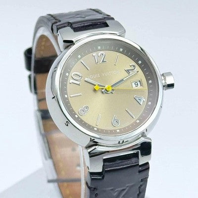 LOUIS VUITTON TAMBOUR Q1212 MONOGRAM WATCH BROWN DIAL STAINLESS STEEL QUARTZ