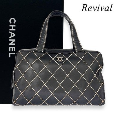 CHANEL MATELASSÉ WILD STITCH HANDBAG BLACK COCO MARK LEATHER WOMEN'S USED NO BO
