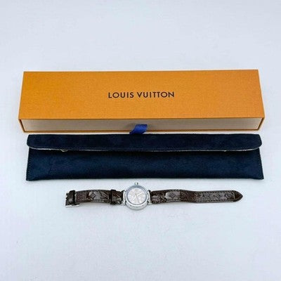 LOUIS VUITTON TAMBOUR Q1212 MONOGRAM WATCH BROWN DIAL STAINLESS STEEL QUARTZ