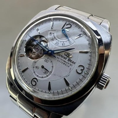 ORIENT STAR WZ0011FH OPEN HEART AUTOMATIC WATCH WHITE GUILLOCHE DIAL CUSHION
