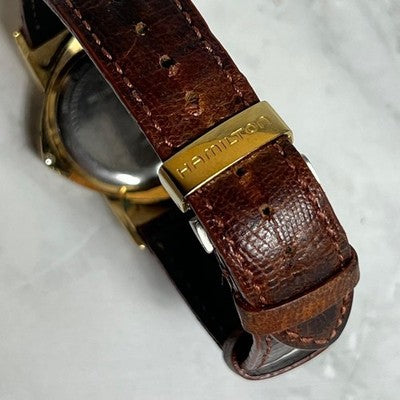 HAMILTON VENTURA 6250 MEN'S GOLD QUARTZ WATCH BROWN LEATHER BELT VINTAGE