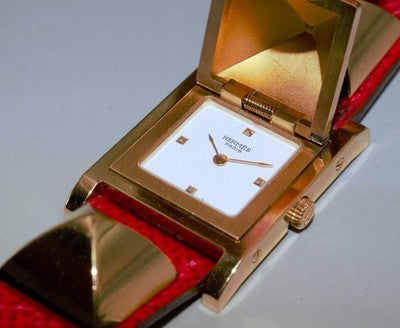 HERMES MEDOR ME1.201 GOLD PLATE CASE WHITE QZ WOMEN'S WATCH WITH BOX