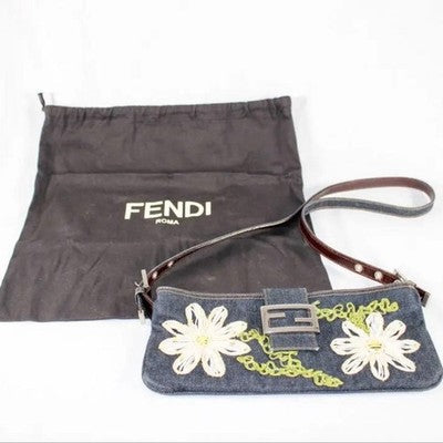 FENDI DENIM BAGUETTE SHOULDER BAG NAVY EMBROIDERED FLOWER EXCELLENT