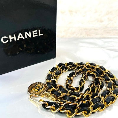 CHANEL BELT AUTH GOLD PLATE MEDAL BLACK LEATHER KENKENJP COIN 98CM CHAIN COCO CC