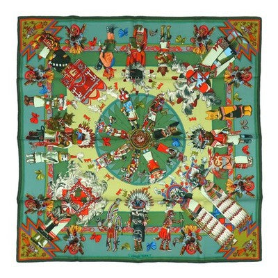 HERMES CARRE 90 KACHINAS SILK SCARF GREEN UNISEX USED W/BOX
