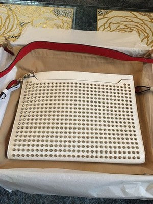 CHRISTIAN LOUBOUTIN SKY POUCH SPIKE STUDS WHITE CLUTCH BAG MINT