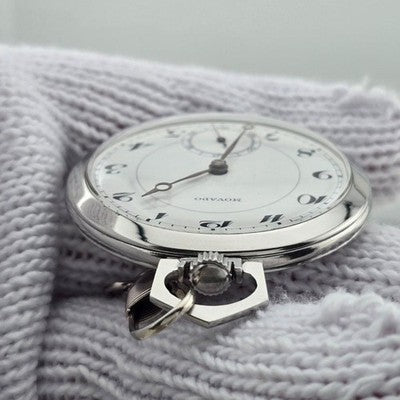 MOVADO VINTAGE POCKET WATCH 15 JEWELS ENAMEL DIAL MANUAL WIND W/ CHAIN WORKING