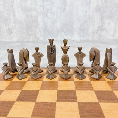 S488 BRONZE CHESS SET HANDMADE WOODEN CHESSBOARD STORAGE BOX ANTIQUE RETRO AS IS