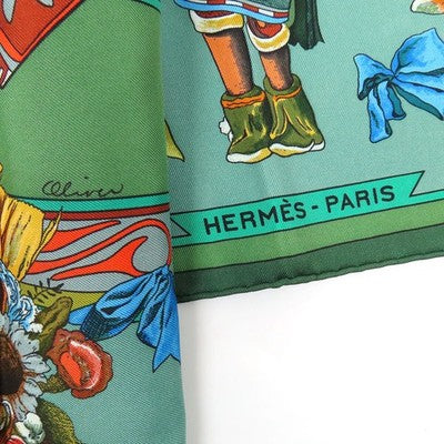 HERMES CARRE 90 KACHINAS SILK SCARF GREEN UNISEX USED W/BOX