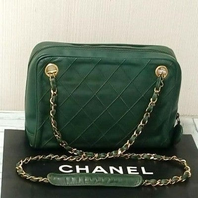 CHANEL MATELASSE LAMBSKIN CHAIN SHOULDER BAG DARK GREEN QUILTED FLAP COCO MARK