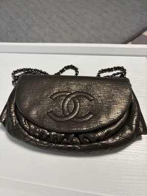 CHANEL HALF MOON METALLIC SILVER CHAIN WALLET SHOULDER BAG FLAP LIMITED RARE