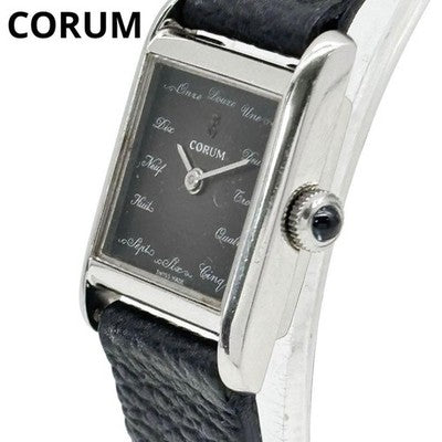 CORUM TANK SQUARE 15158 MANUAL WINDING GRAY DIAL BLACK LEATHER LADYS WATCH USED