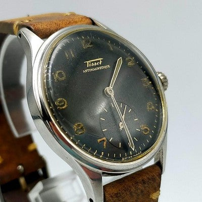 TISSOT ANTIMAGNETIQUE HAND-WINDING WATCH BLACK DIAL SMALL SECONDS RARE 1940S