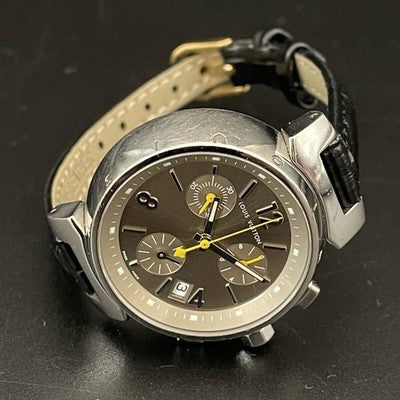 LOUIS VUITTON TAMBOUR CHRONOGRAPH Q1322 QUARTZ GOLD DIAL LEATHER LADY'S WATCH