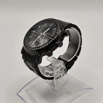 GUCCI 101M ROUND CHRONOGRAPH DIAMOND BEZEL QUARTZ WATCH BLACK BUCKLE
