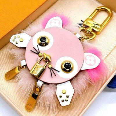 LOUIS VUITTON WILD FUR CAT BAG CHARM BIJOU SAC KEY HOLDER M63093 PINK MONOGRAM