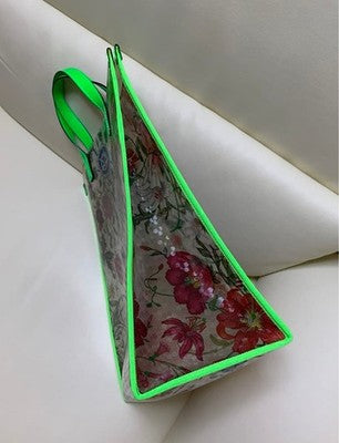 GUCCI FLORA GREEN VINYL TOTE BAG AUTHENTIC FLORAL PATTERN LARGE CAPACITY