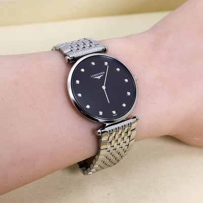LONGINES LA GRANDE CLASSIQUE 3179 QUARTZ 12 DIAMONDS BLACK DIAL STAINLESS WATCH