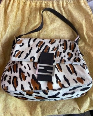 FENDI MAMMA BUCKET SHOULDER BAG, LEOPARD PRINT, CALF HAIR, WOMEN'S FASHION