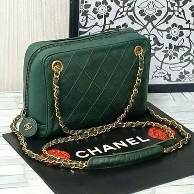 CHANEL MATELASSE LAMBSKIN CHAIN SHOULDER BAG DARK GREEN QUILTED FLAP COCO MARK