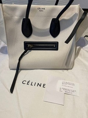 AUTHENTIC CELINE MEDIUM LUGGAGE PHANTOM TOTE BAG CANVAS WITH LEATHER TRIM WHITE