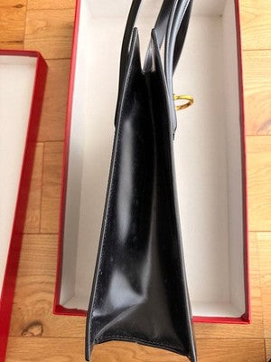 CARTIER PANTHERE VINTAGE BLACK HANDBAG LEOPARD LINING SHOULDER BAG WITH BOX