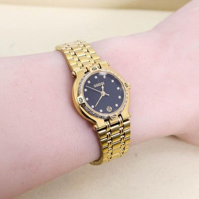 GUCCI 9200L DIAMOND BEZEL 11P DIAMONDS QUARTZ GOLD BLACK WATCH 3242