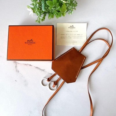 HERMES CLOCCHETTE KEY RING LEATHER NECKLACE BROWN C MARGIELA WITH BOX AUTHENTIC