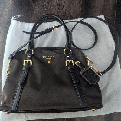 PRADA 1BB013 SAFFIANO NYLON 2WAY BAG KHAKI CROSSBODY GOLD AUTH WITH STORAGE BAG