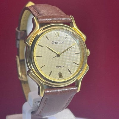 AUREOLE QUARTZ MEN'S WRISTWATCH 90S VINTAGE ROUND FACE LEATHER STRAP BAMBI